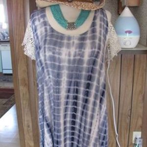 J-MODE  LADIES BLUE & LACE TUNIC  COLD SHOULDER  S